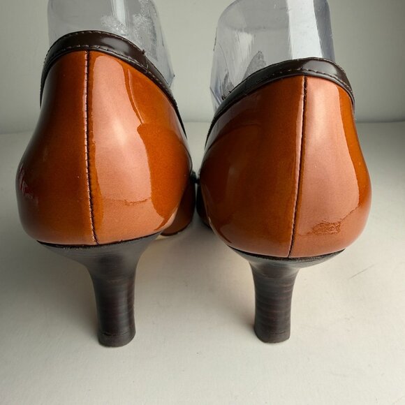 Tory Burch Angle Pointed Toe Pumps Patent Leather Tan Chocolate Size 8M Preppy - Picture 13 of 13